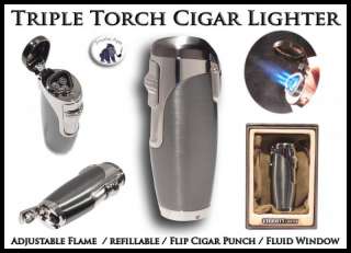 Eternity Triple Torch Flame Cigar Lighter w/ Built in Punch Gun Metal 