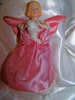Vintage Ceramic & Pink Satin Lighted Tree Top Angel  