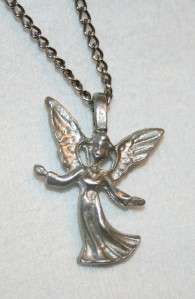 Lovely Sculpted Pewter Angel Figural Pendant Necklace  