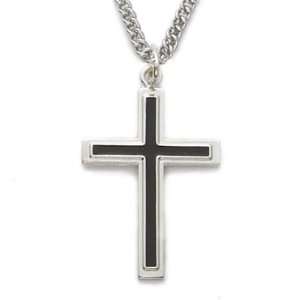 Personalized Sterling Silver 1 Polished Black Enameled Cross Necklace 