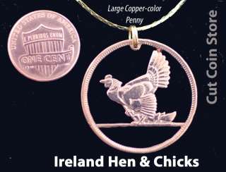 Ireland Large Penny Cut Coin Hen & Chicks Pendant Necklace Irish One 