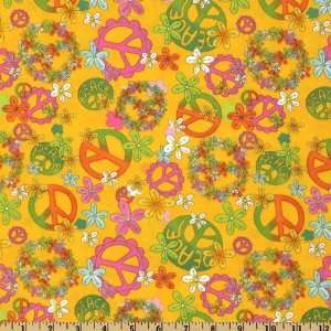  44 Wide Groovy Peace Floral Yellow Fabric By The Yard 