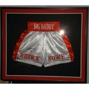 RIDDICK BOWE Autographed Framed Boxing Trunks   Autographed Boxing 