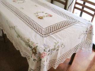 Hand Ribbon Embroidered Flower Crochet Table Cloth XL  