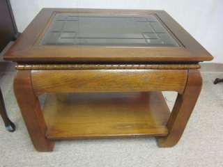 Solid Oak End Table with Cut Glass Top  