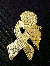   gold Childhood Cancer awareness ribbon with gold angel lapel pin tac