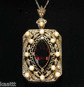   Diamond, Pearl & Garnet Edwardian Necklace Pendant 18K Gold VIDEO