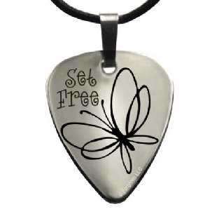 Necklace   Butterfly Set Free   Guitar Pick Pend   SS   18 Blk 
