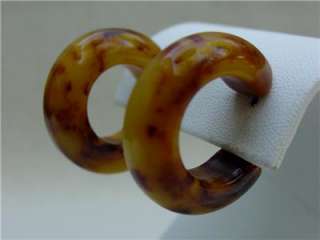   40s BAKELITE Catalin Clip on Marbled Hoop Earrings Brown Tested  
