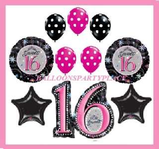   SIXTEEN 16 HOT PINK BLACK polka dot balloons birthday party supplies