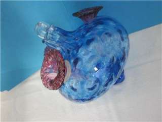  Bohemian Czech Blue Fuschia Glass HummingBird Nectar Water Feeder