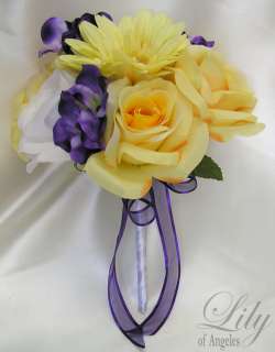 rose accented with purple hydrangeas and decorated with purple bow