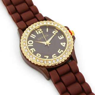 BROWN GOLD Silicone Gel Rubber Band Crystal Bezel Womens WATCH  