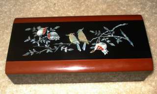 Inlaid Mother Of Pearl Birds On Lacquer Wood Jewelry Box  