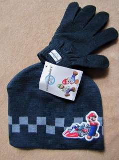 NINTENDO Mario Kart Wii 2pc Navy Knit Hat Gloves Set ages 4+  