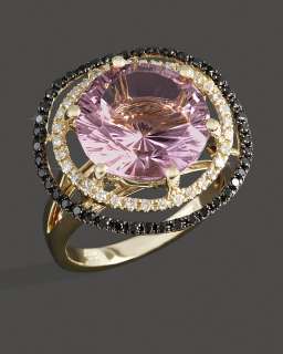 Diamond, Black Diamond And Pink Amethyst Ring In 14K Yellow Gold 