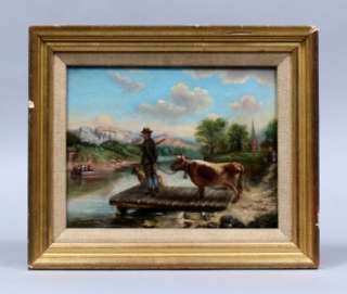   AMERICAN HUDSON RIVER SCHOOL LANDSCAPE COW AND FIGURE DOG OIL PAINTING