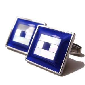 Blue Square Screen Fiber Optic and Mother of Pearl Cufflinks DD DI201 