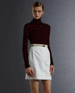 Patch Pocket Coat, Striped Turtleneck & Seamed Skirt
