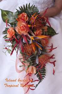 BRIDE TROPICAL WEDDING BOUQUET ORANGE WITH ROSES 10PC  