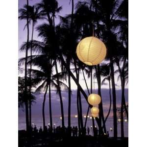 Palm Trees and Lanterns on Beach at Dusk, Big Island, Hawaii, USA 