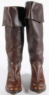Frye Brown Pebbled Leather Stacked Heel Pull On Knee High Cuffed Boots 