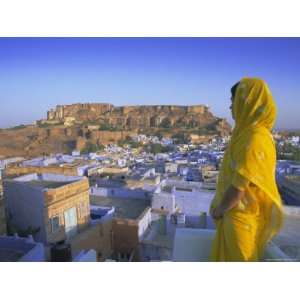  in a Yellow Sari Looking out Over the Blue City and Fort, Jodhpur 