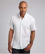 Hickey Freeman light blue crinkled plaid linen blend button down shirt 