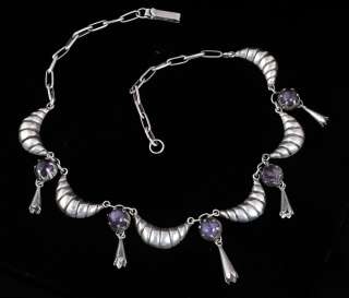 Early DECO Vintage MEXICAN SILVER FESTOON NECKLACE AMETHYST Cabs Mint 