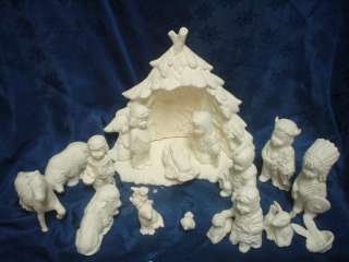 E280   19 Piece Ceramic Bisque Nativity Set Wigwam  