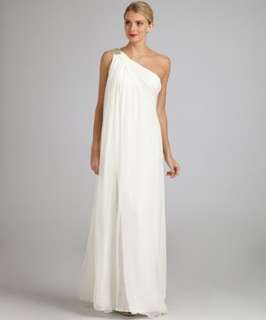 Notte by Marchesa white chiffon pleated jeweled one shoulder gown 