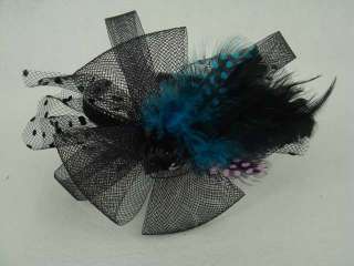 Bridal Feather Bow peacock Pheasant Blue Headband HR87  