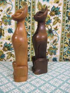 Mid Century Modern Pair Hand Carved Siamese Cat Wood Statues  