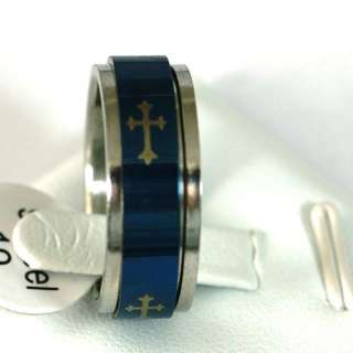   11 Mens Decent Carved Cross Stainless 316L Steel Blue Band Ring Top