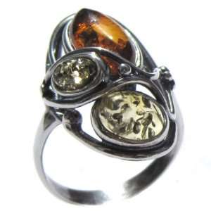 Baltic Multicolor Amber and Sterling Silver Designer Ring Sizes 5,6,7 