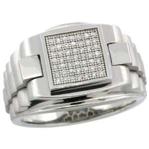 Sterling Silver Mens Rolex Style Square Ring w/ 49 Micro 