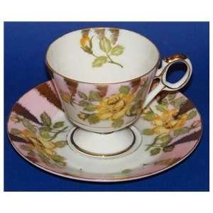 Royal Sealy China Tea Cup & Saucer Yellow Rose Pink Border Gold Luster 