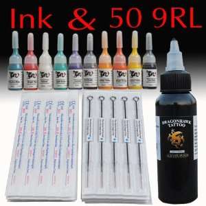 Tattoo Supplies 50 Needles 9RL 10 Color Ink(5ml/bottle) & 1 60ml black 