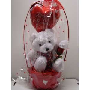 VALENTINES BASKET WITH WHITE TEDDY BEAR, CANDY & BALLOON 