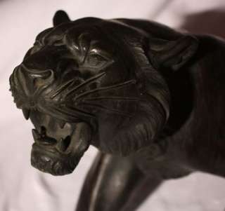   JAPANESE BRONZE SCULPUTURE TIGER WOODEN STAND SIGNED TAISHO PERIOD