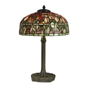   Tiffany Table Lamp, Dark Antique Bronze Verde Grn and Art Glass Shade