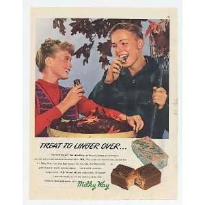  1947 Milky Way Candy Bar Girl Boy Raking Leaves Print Ad 