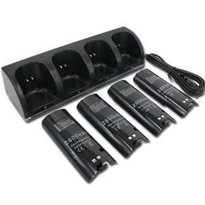   Black New Charger Dock + 4 x Battery for Nintendo Wii Remote Video